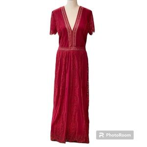 Womens Boho Dress Burgundy Deep V Neck Short Sleeve Lace Maxi Dress M